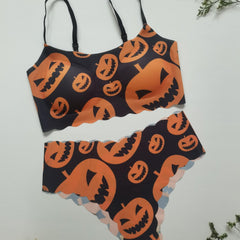 Pumpkin Print Bra & Panties Halloween Set