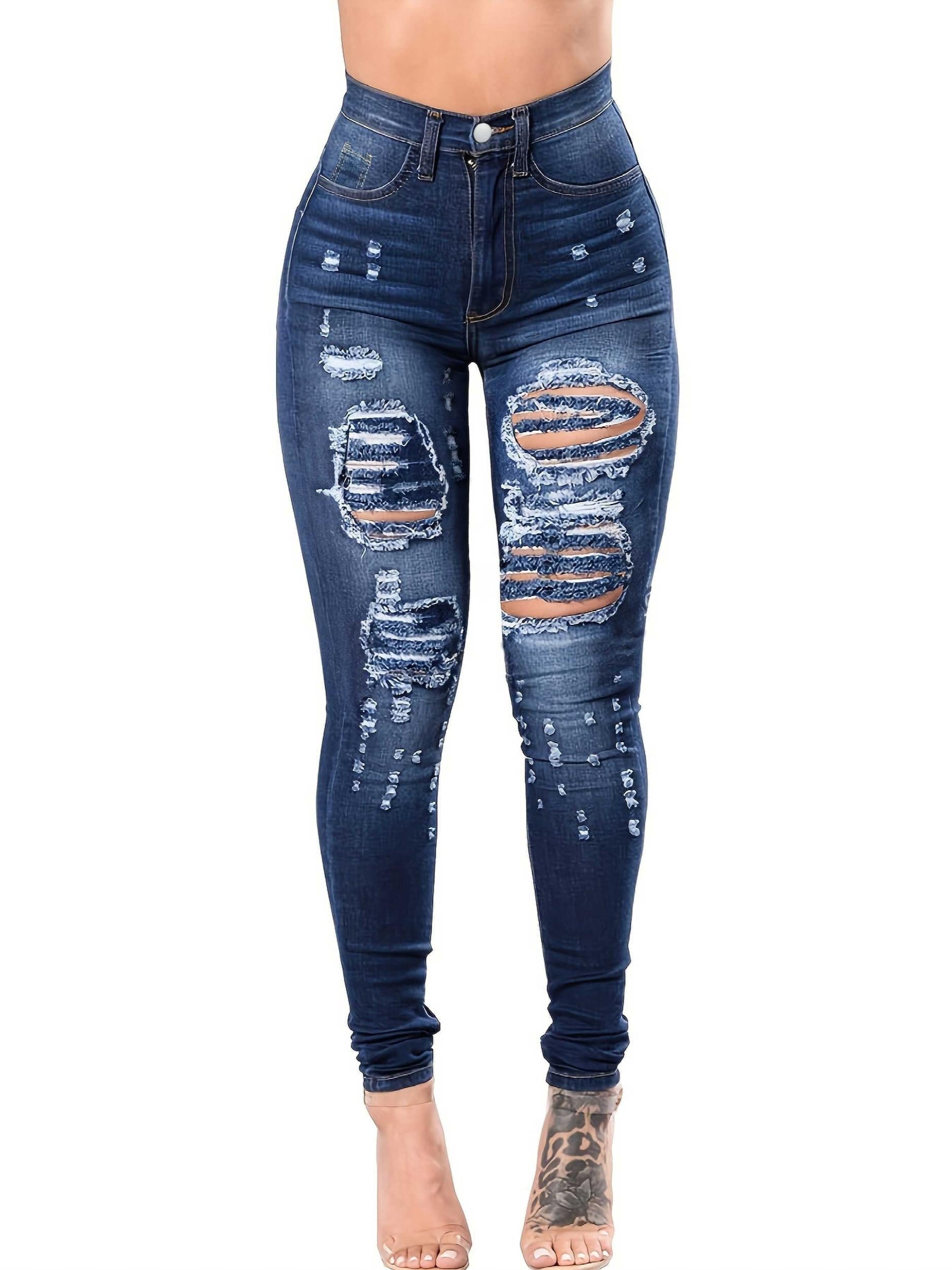 Ripped Holes Casual Skinny Jeans Slim Fit Slash Pockets Distressed High Stretch