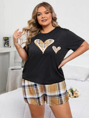 Plaid Heart Print Tee & Shorts Lounge Set