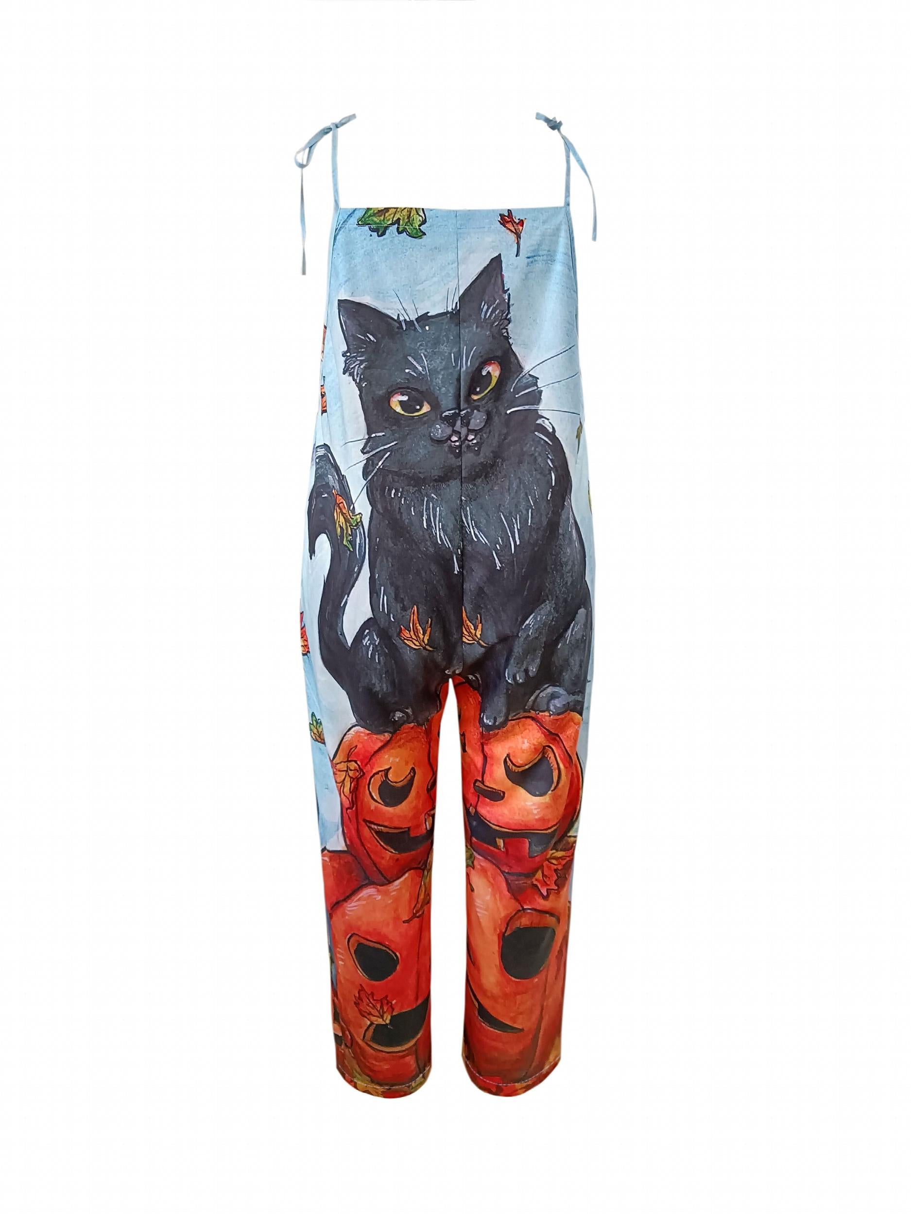 Halloween Jumpsuit Women's Plus Pumpkin & Cat Print Tie Shoulder Cami