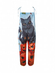 Halloween Jumpsuit Women's Plus Pumpkin & Cat Print Tie Shoulder Cami