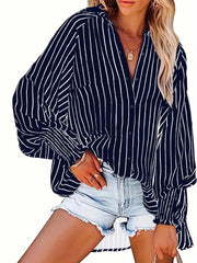 Striped Print Lantern Sleeve Button Up Collar Tunic Top