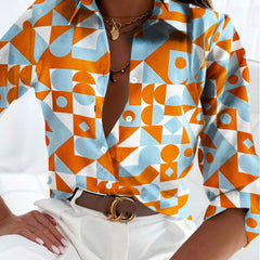 Geometric Print Plus Size Blouse Women's Long Sleeve Shirt