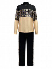 Graphic Print Two piece Set Block Zipper Tops & Drawstring Pants Outfits