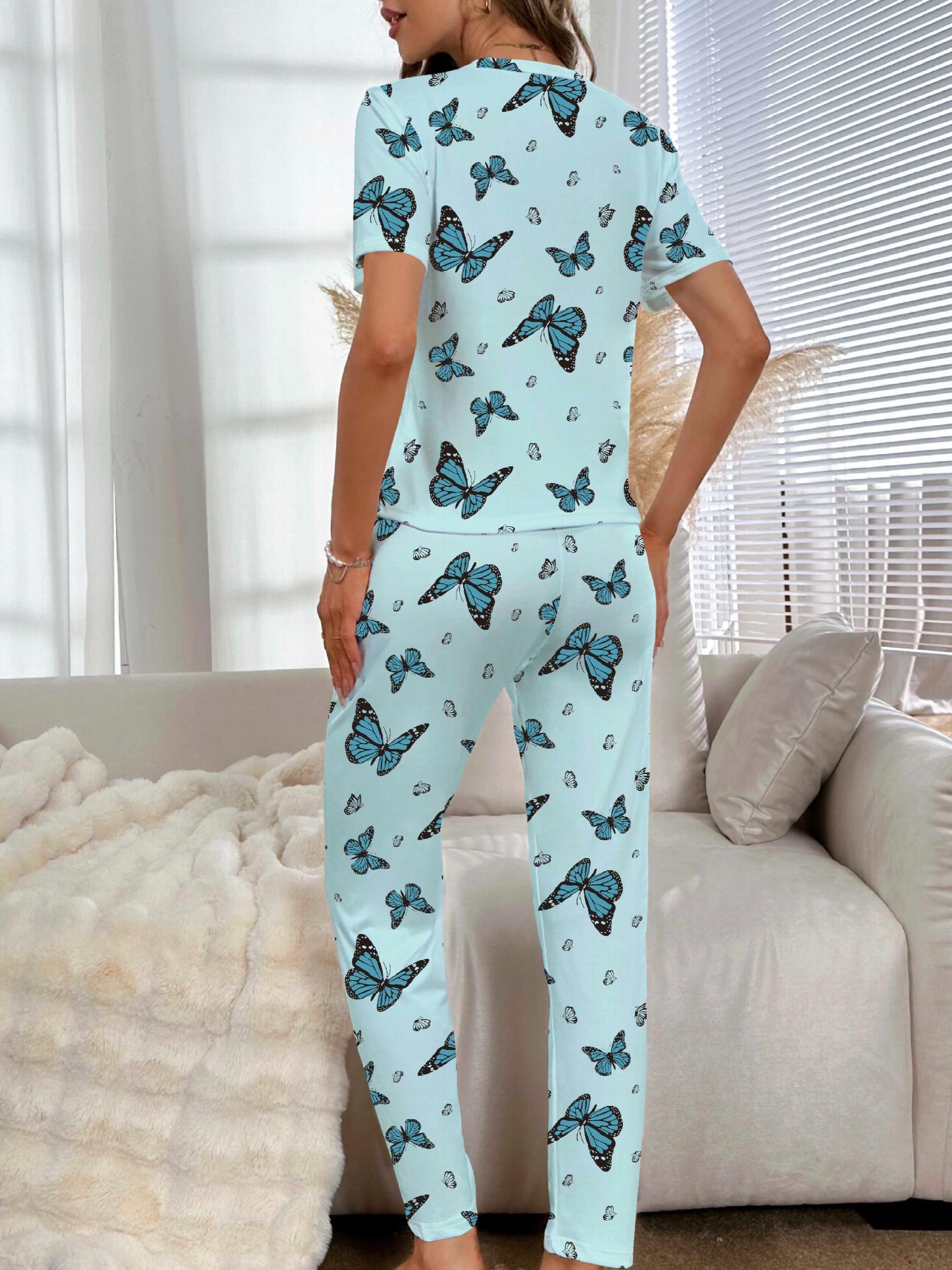Butterfly Print Pajama Set Short Sleeve Top & Elastic Waistband Pants