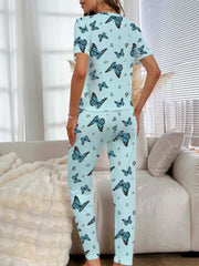 Butterfly Print Pajama Set Short Sleeve Top & Elastic Waistband Pants
