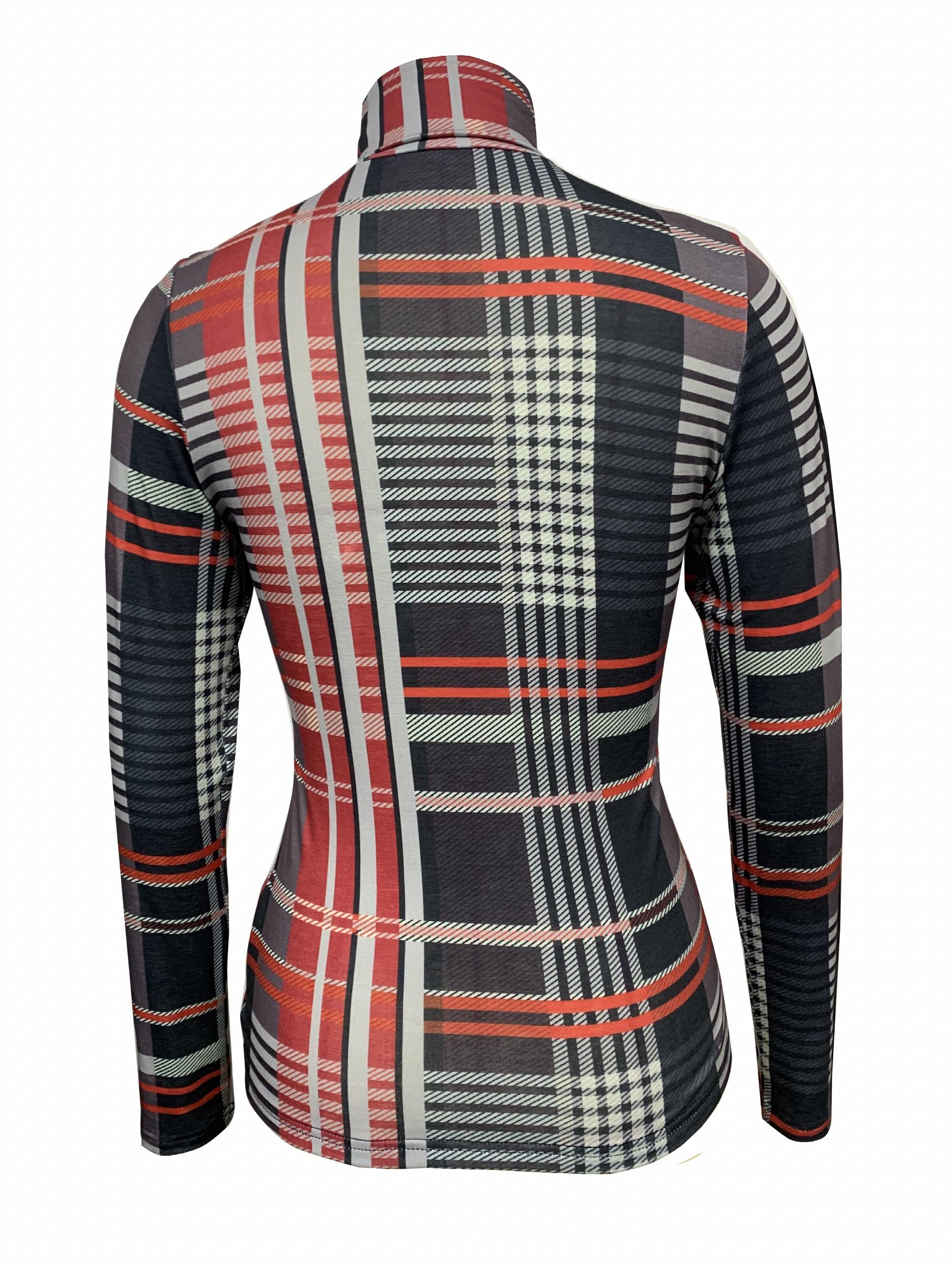 Plaid Turtleneck Slim T Shirt Casual Long Sleeve For Women