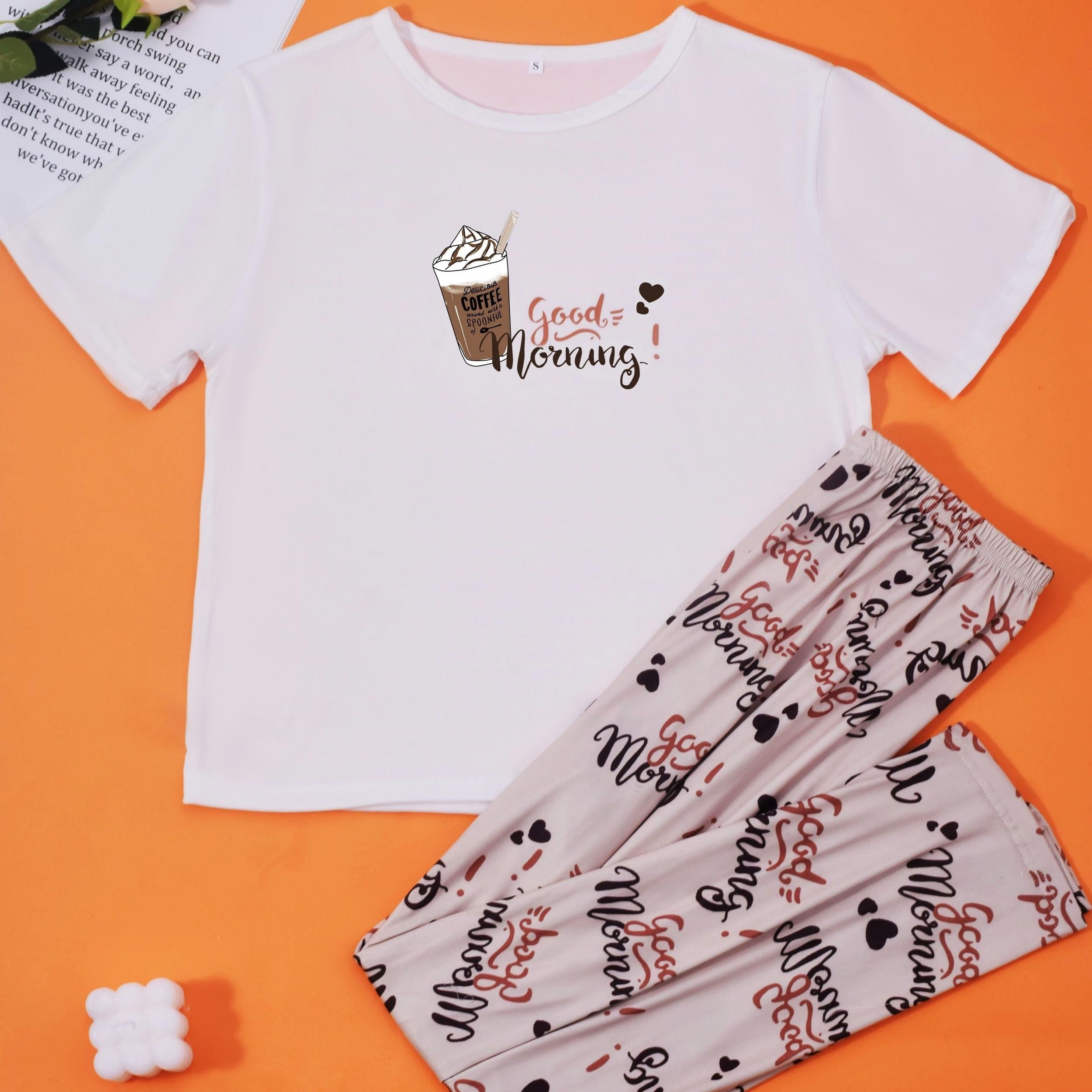 Letter Print Pajama Set Short Sleeve Crew Neck Top & Lounge Pants