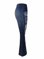 Denim Print Bell Bottom Pants Women's Activewear