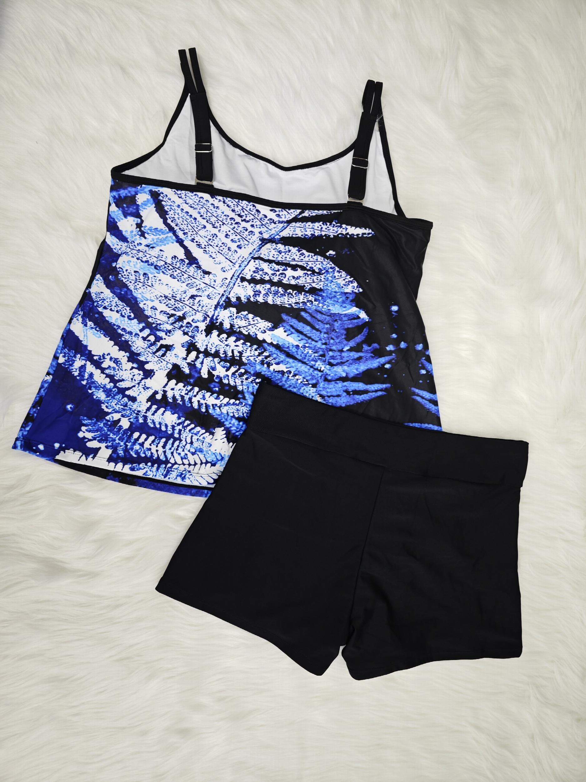 Leaf Print Tankini Set High Stretch Cami Top & Shorts Swimsuit