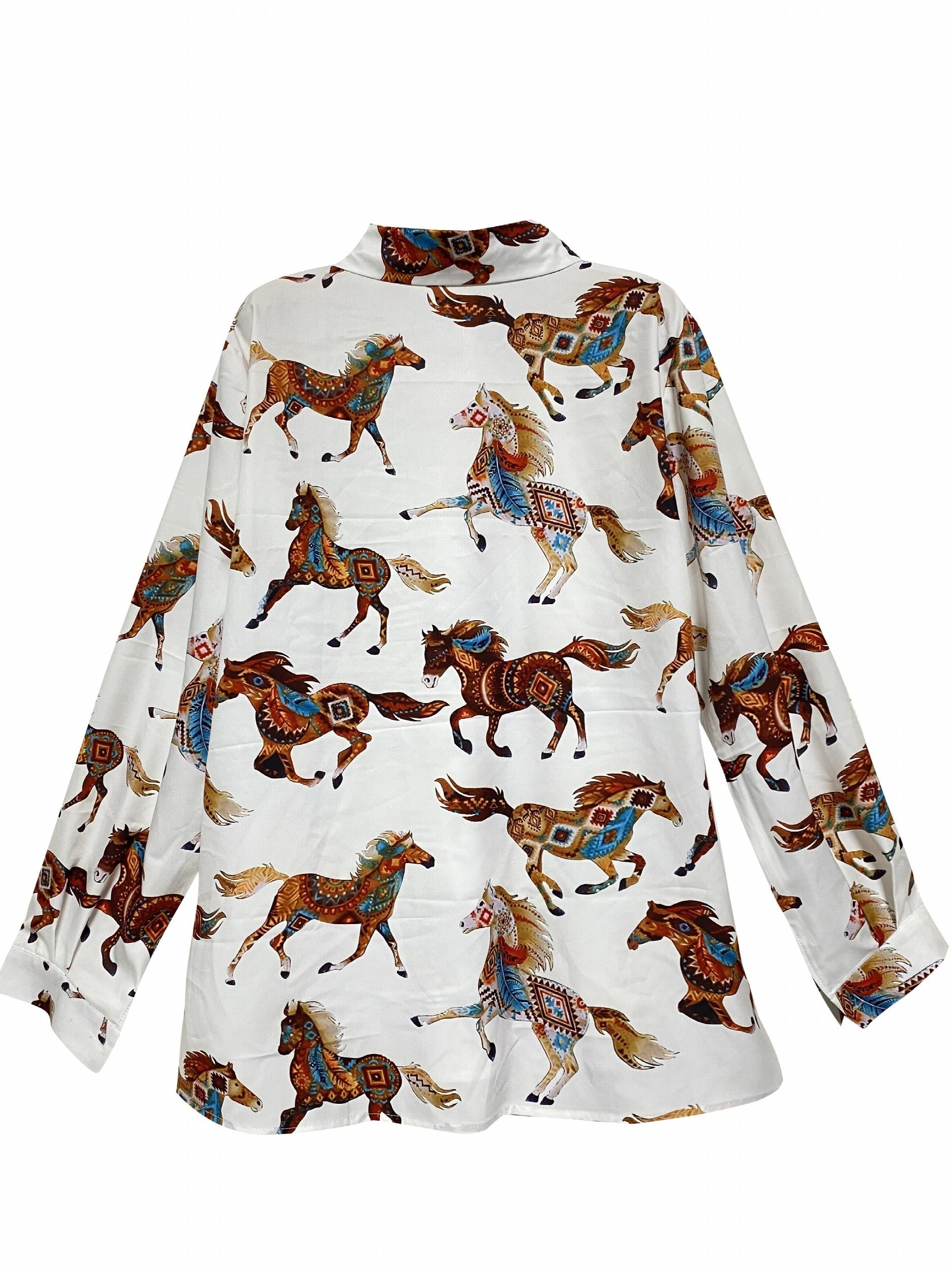 Horse Print Button Up Long Sleeve Blouse