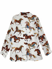 Horse Print Button Up Long Sleeve Blouse