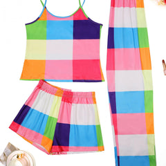 Colorful Plaid Cami Top & Shorts & Pants Pajamas Set