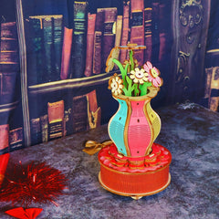 Wooden Puzzle Model Vase Music Box - 3D DIY Building Blocks Flower Ornament