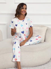 Heart Print Pajamas Set Short Sleeve Tee & Lounge Pants Women's Sleepwear