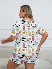 Cartoon Cats & Fish Print Tee & Shorts Pajamas Set