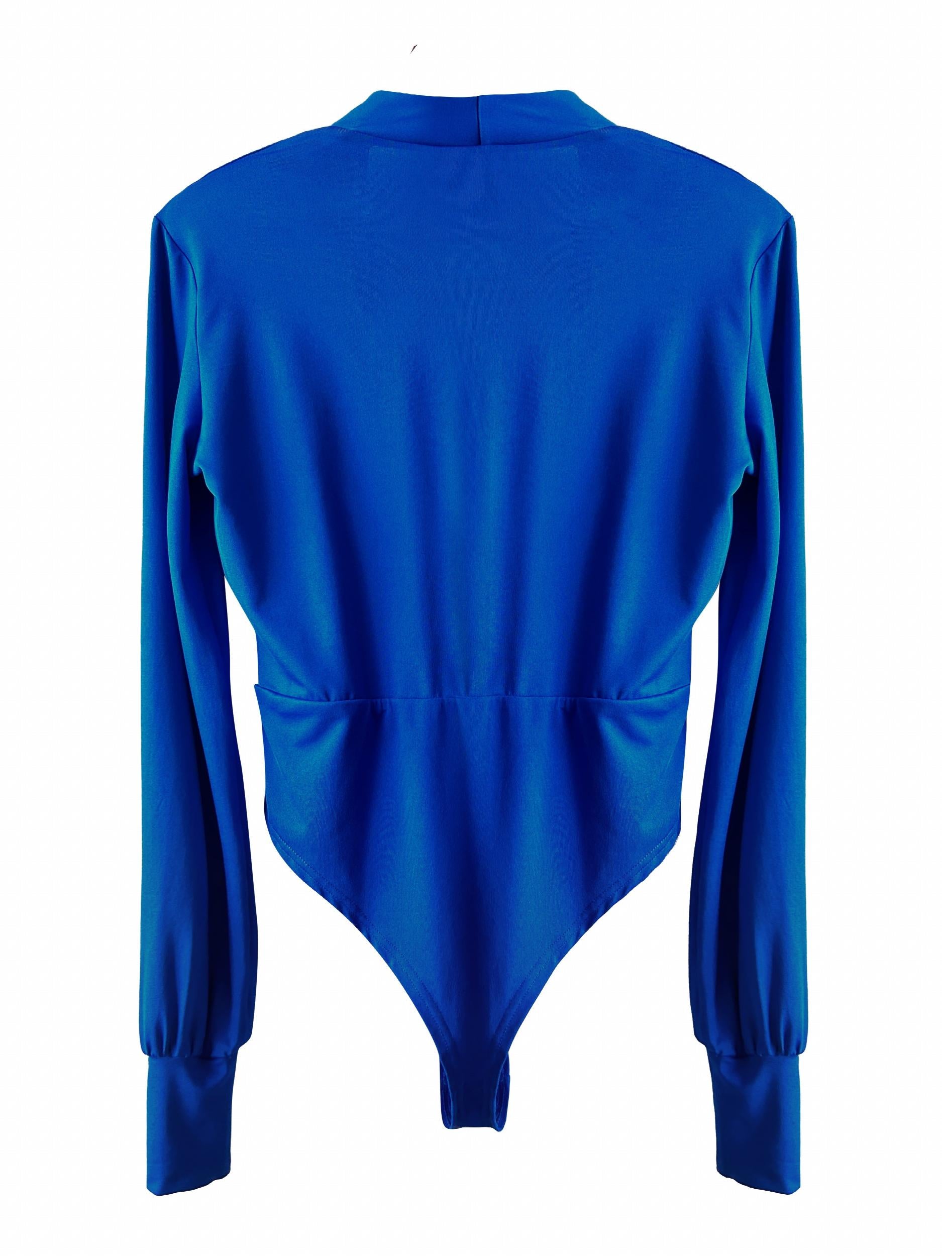 Plunging Surplice Neck Solid Bodysuit Long Sleeve Women's Clothing