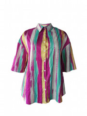 Colorblock Stripe Print Button Up Blouse