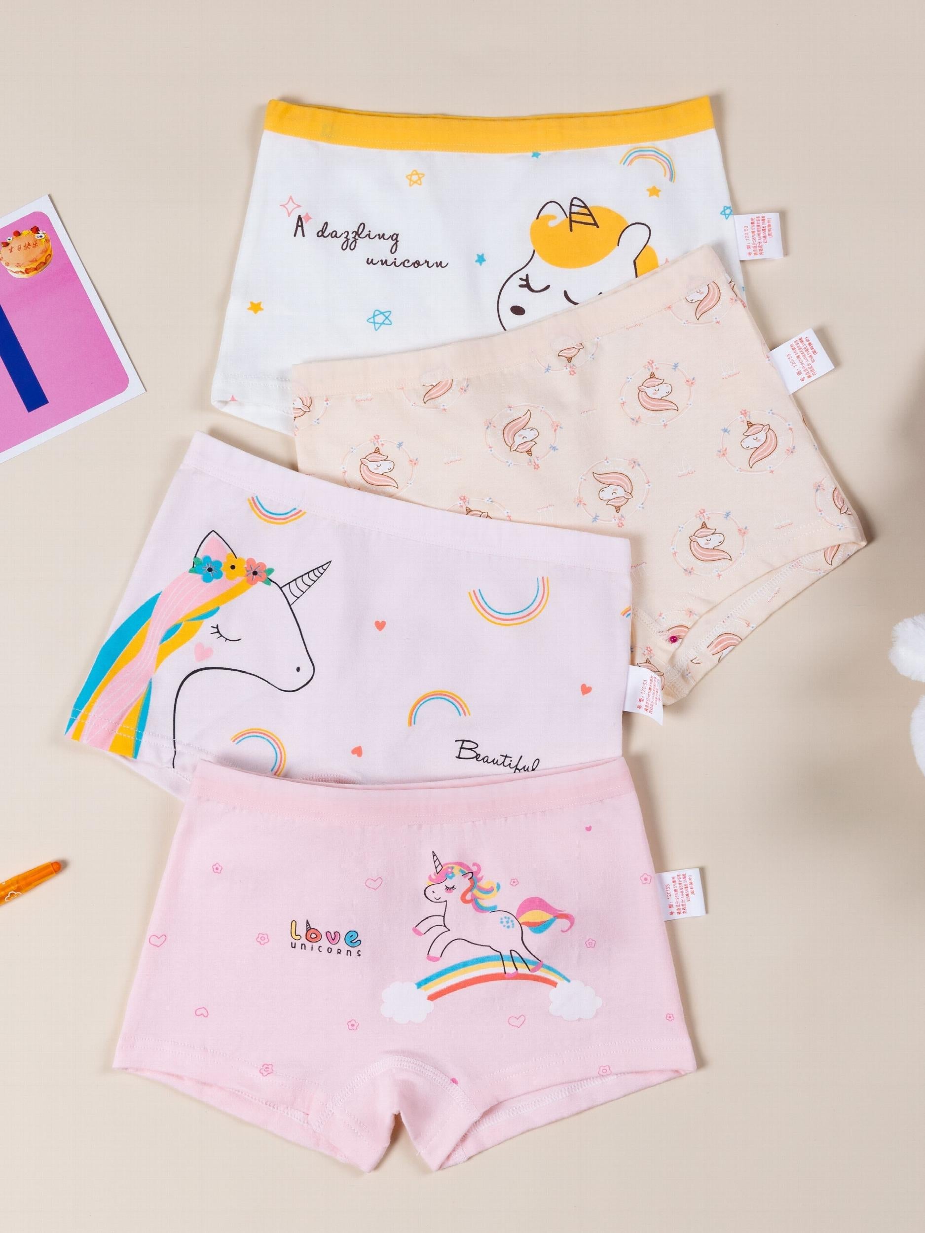 4pcs Girl's Unicorn Printed Cotton Square Pants Underwear