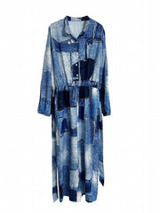 Denim Print Button Up Long Sleeve Wide Leg Jumpsuit