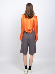 Ruched Knee Length Suit Shorts Wide Leg Pleat Front Tailored Shorts