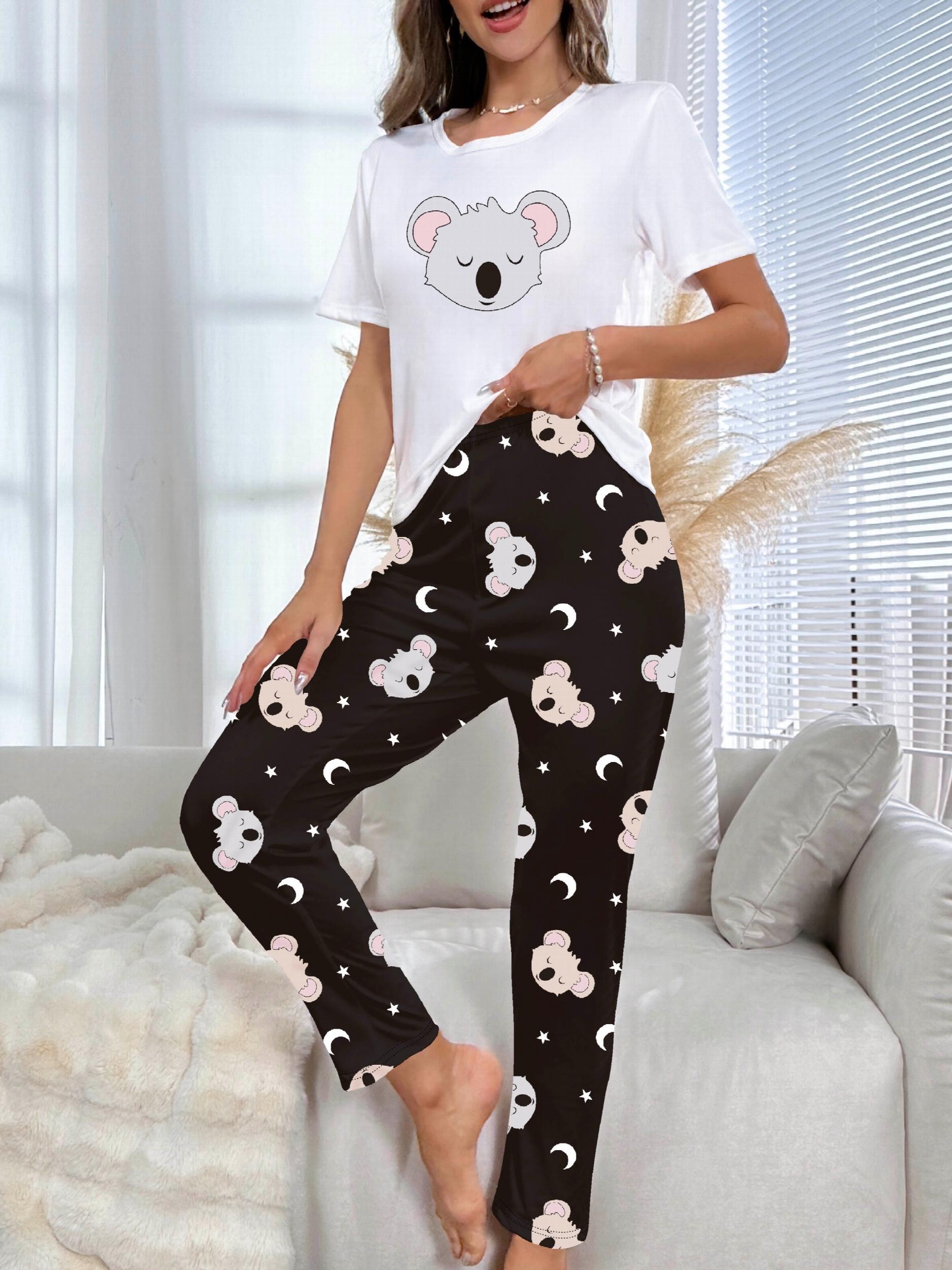 Cartoon Koala Print Pajama Set Short Sleeve Top & Pants