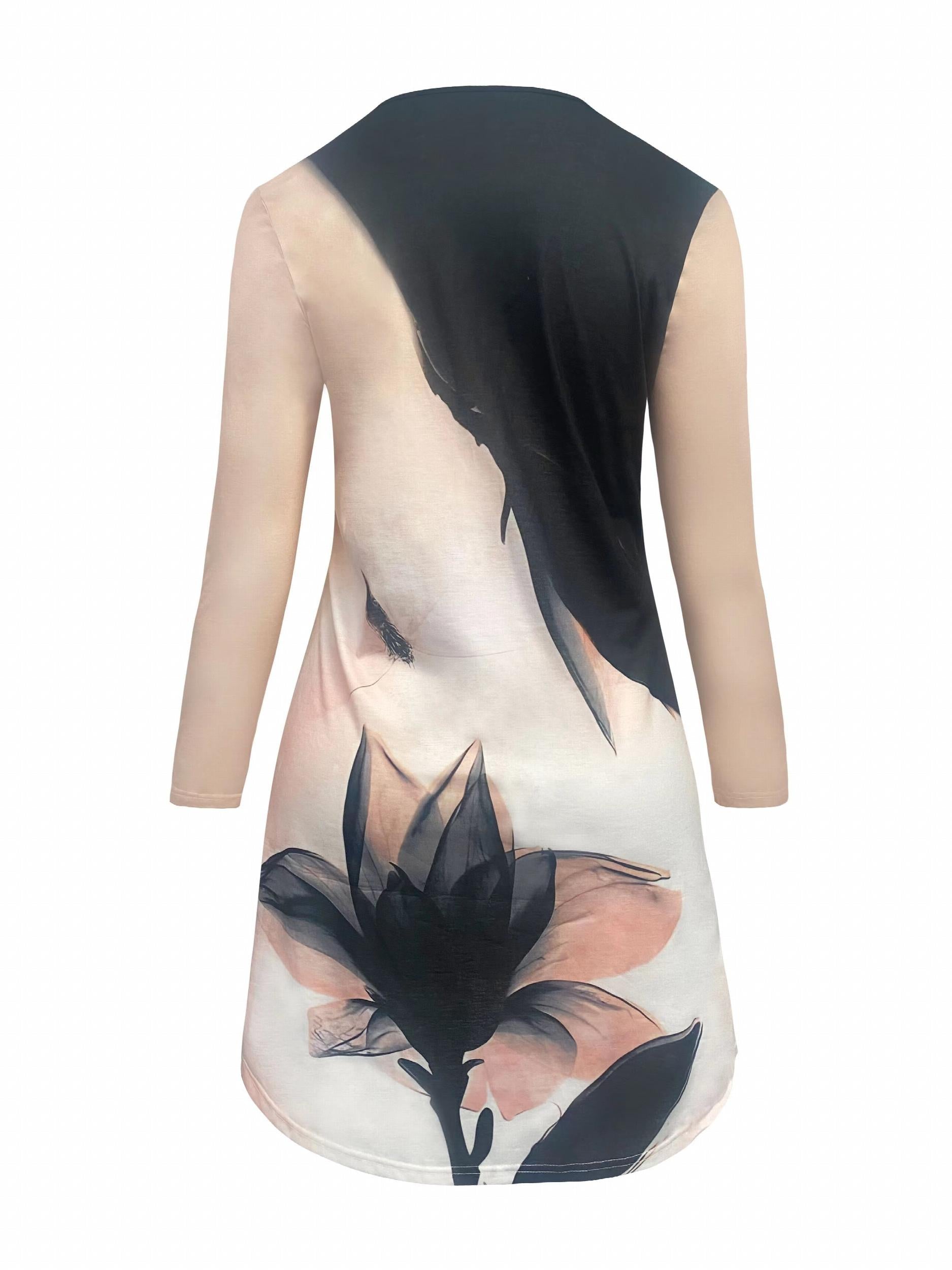 Floral Print Long Sleeve Stretch Dress