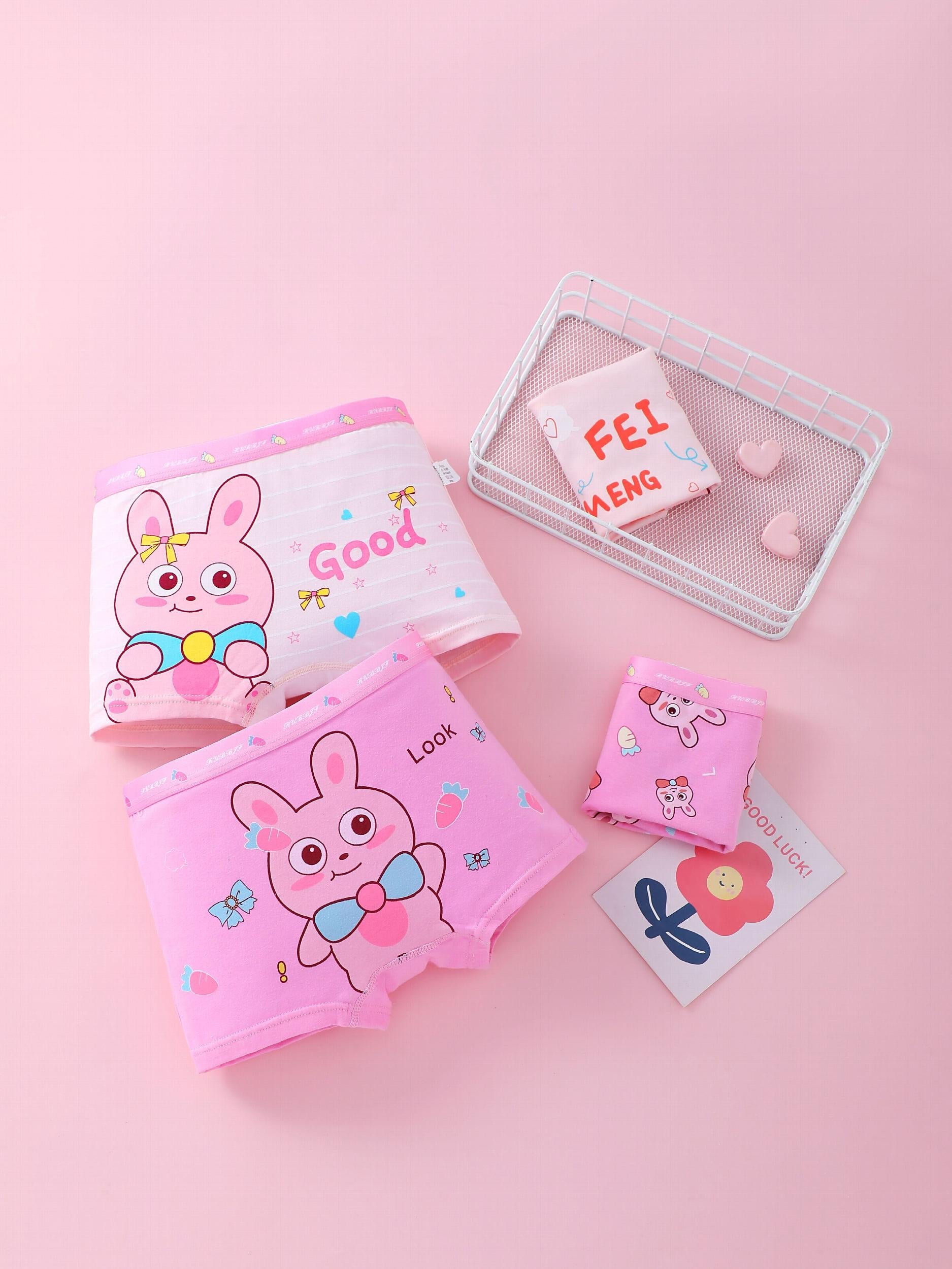 4pcs Girl's Boxer Briefs Rabbit Print Elastic Waist Shorts Cotton Soft Underwear