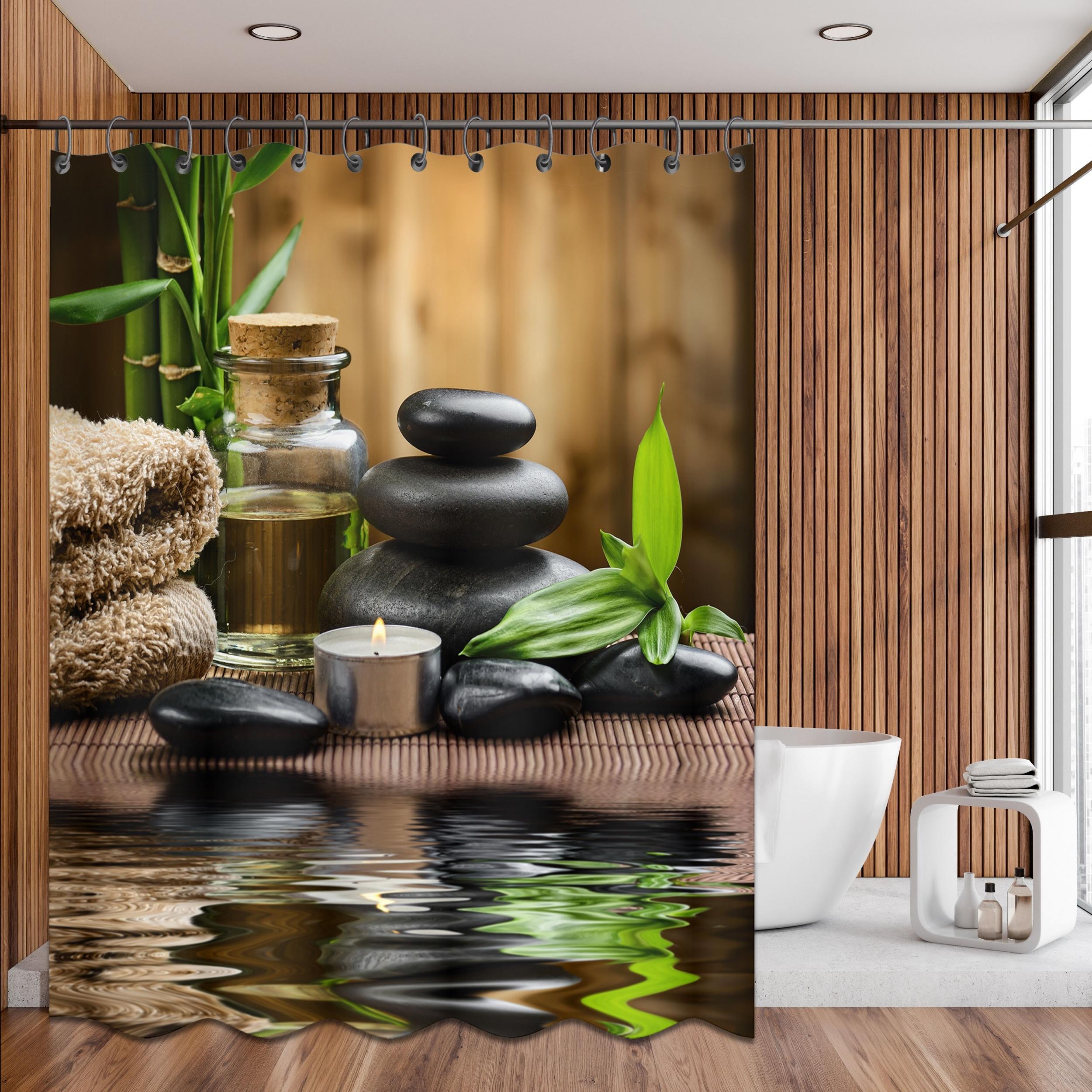 Waterproof Shower Curtain Stone Glass Bottle Bamboo 182x182 cm