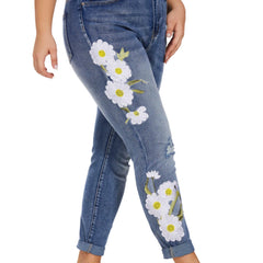 Washed Ripped Floral Embroidery High Stretch Jeans
