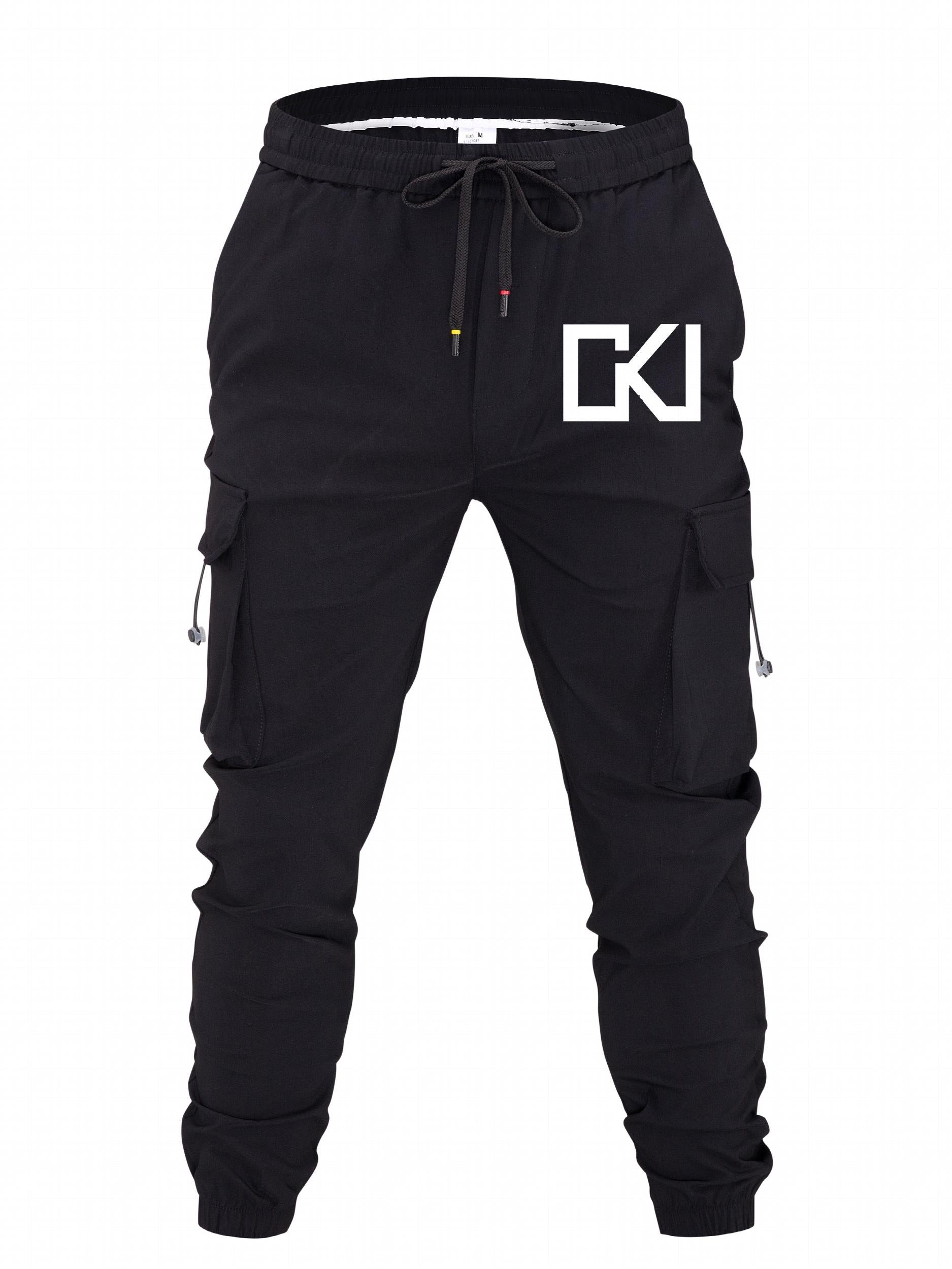 Geometric Pattern Cargo Pants Men Casual Loose Fit Solid Joggers