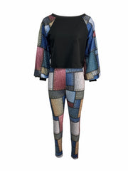 Patchwork Print 2pc Set Boat Neck Top & Skinny Pants Outfits Women's Clothing