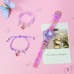 3pcs Girls' Pink & Clear Quartz Watch & Jewelry Set, Heart & Butterfly Bracelets