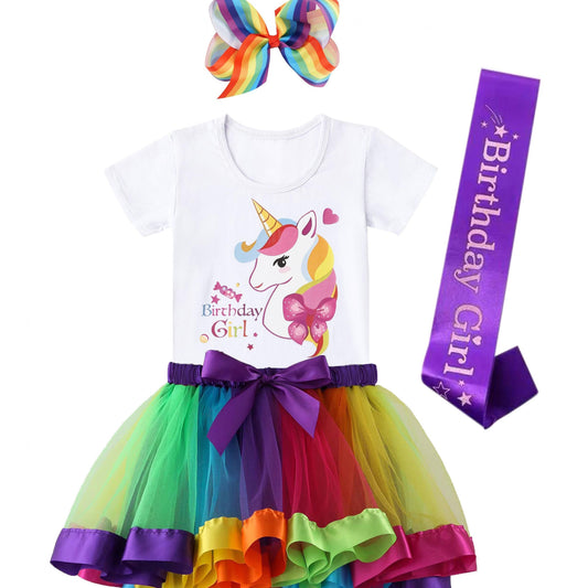 Toddler Girls Rainbow Unicorn T Shirt & Mesh Tutu Skirt Set For Birthday Party