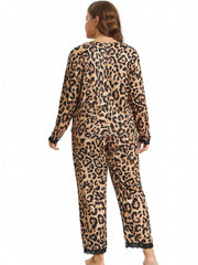 Sexy Pajama Set Leopard Print Lace Trim Top & Pants Two Piece