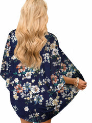 Floral Print V Neck Sheer Sleeves Cover Up Shirt