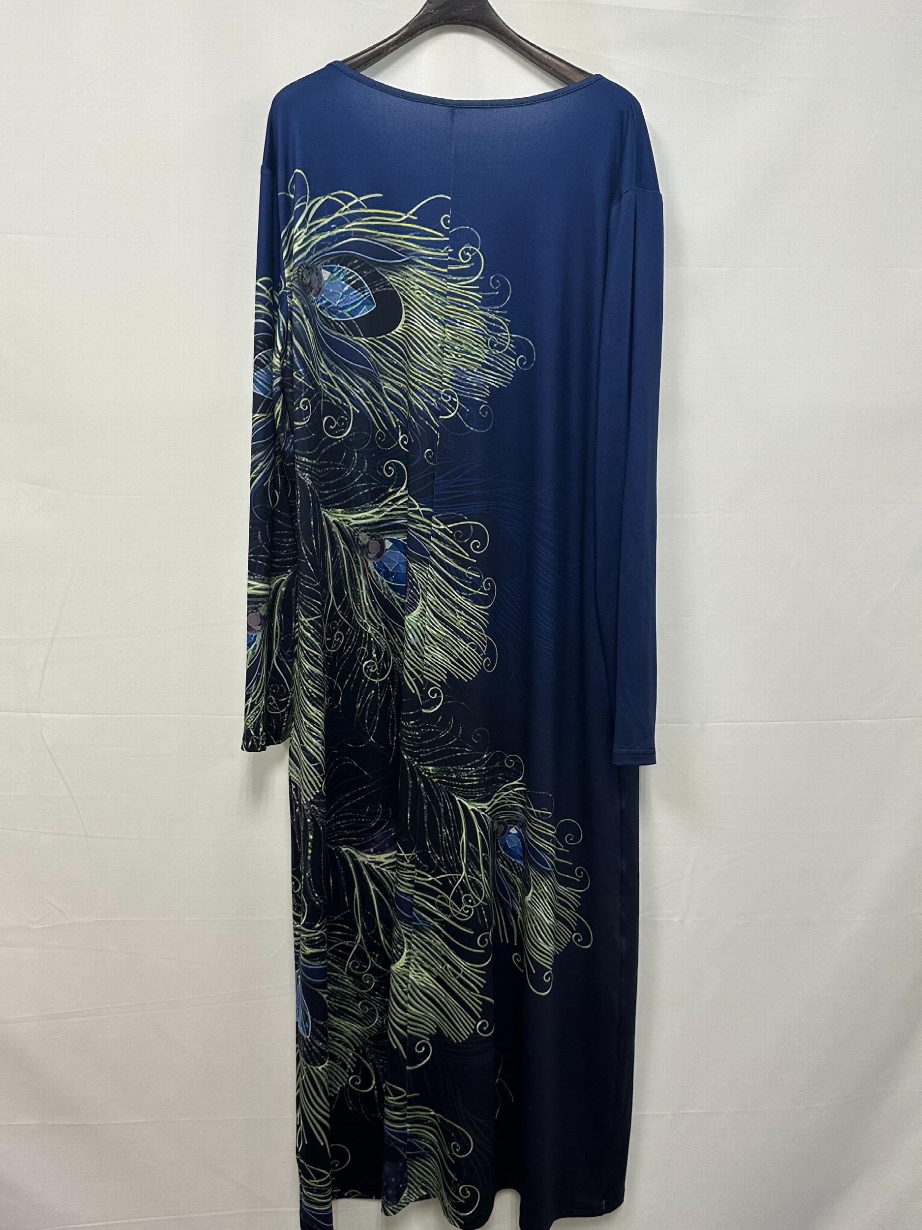 Peacock Print Long Sleeve Maxi Dress