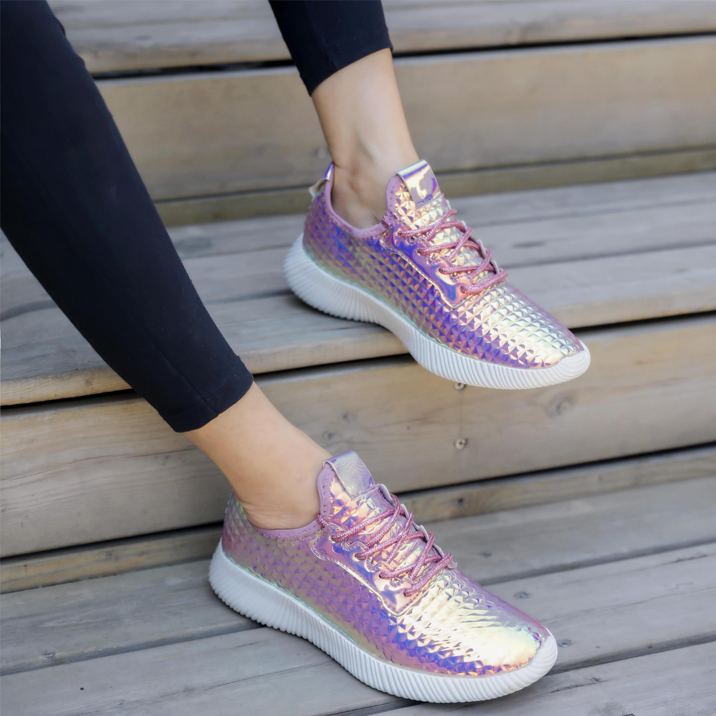 Holographic Low Top Sneakers Lightweight Lace up Running Shoes