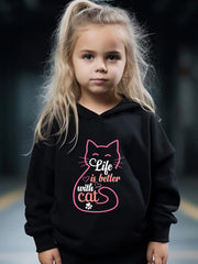 Cat Pattern Hooded Sweatshirt & Sweatpants Set for Girls