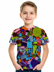Colorful Building Block 3D Print Boy's T-shirt Short Sleeve Outdoor Sports Tee