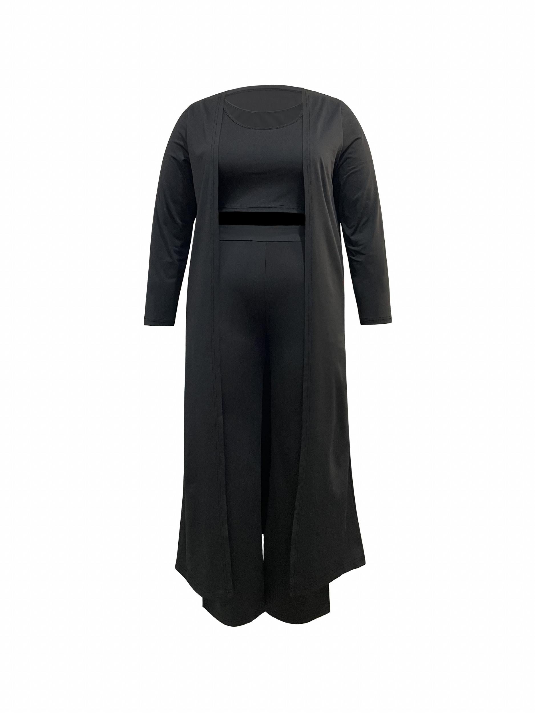 Solid Long Cardigan & Crop Tank Top & Leggings 3pc Set