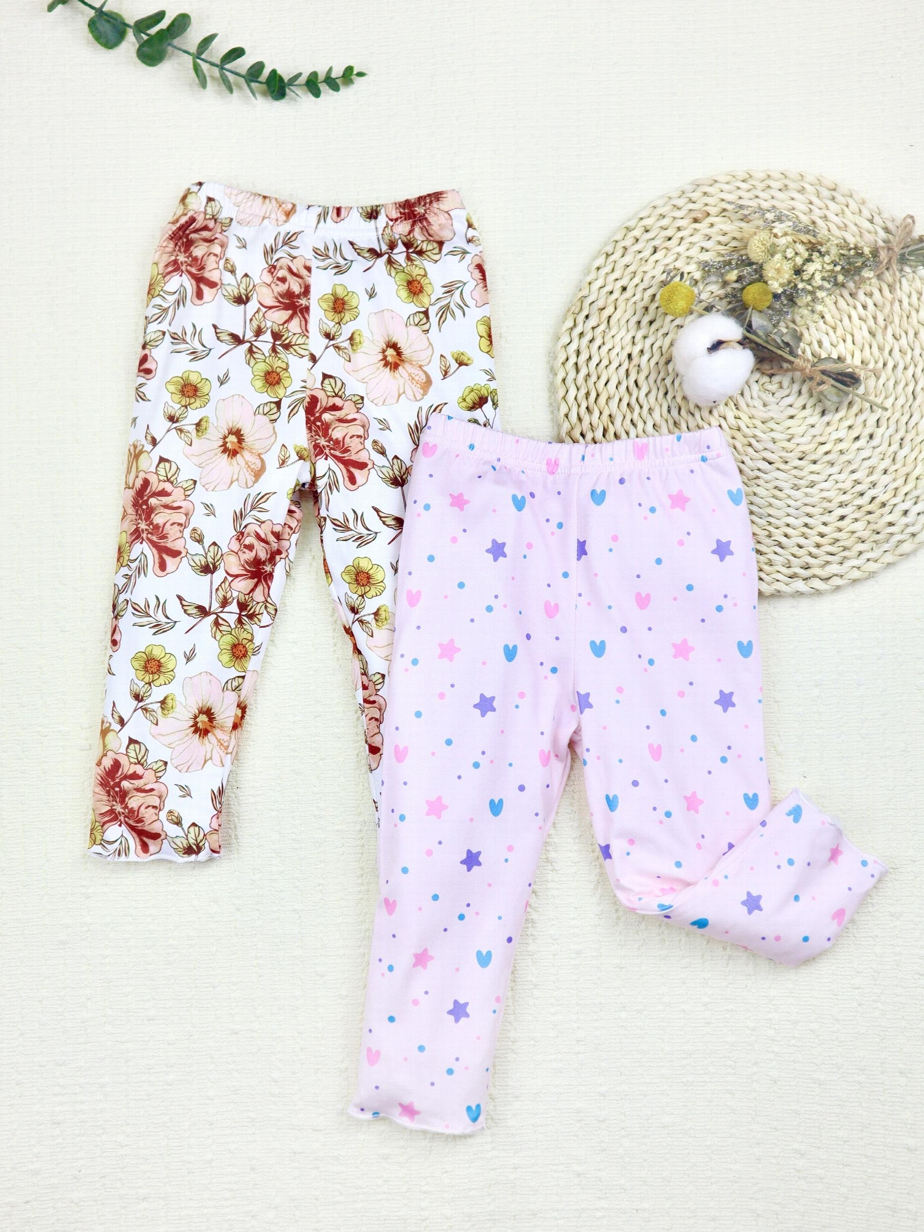 2pcs Toddler Baby Girls Cropped Leggings Flower Heart Allover Print Crop Pants