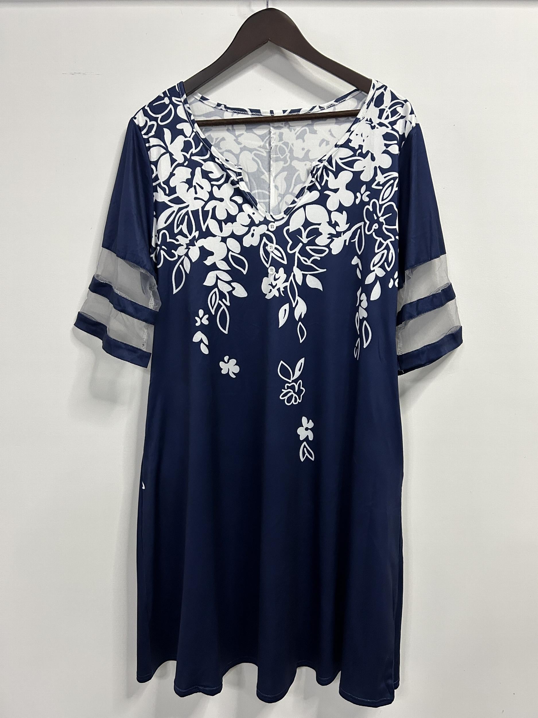 Boho Dress Women's Plus Floral Print Mesh Sleeve Knee Length Dress