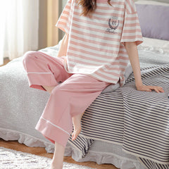 Stripe Print Pajamas Set Short Sleeve Crew Neck Top & Cropped Pants