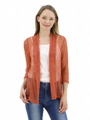 V Neck Mesh Slim Cardigan Boho 3/4 Sleeve Crochet Crop