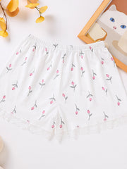 Floral Print Lace Trim Bow Shorts Soft & Comfy Sleepwear
