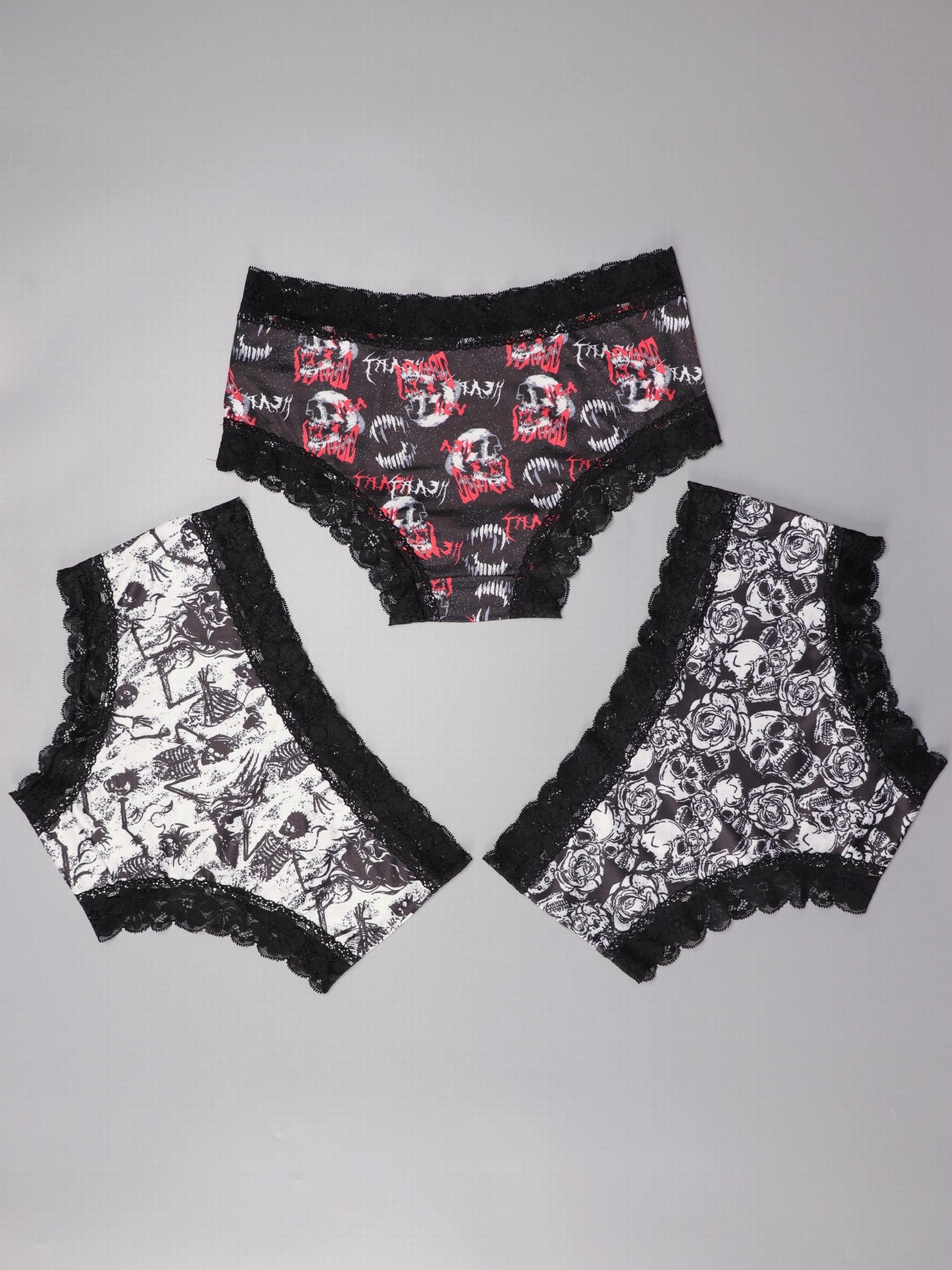 3pcs Gothic Lace Hipster Panties Halloween Skull Print Intimates