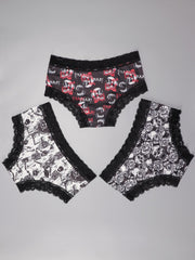 3pcs Gothic Lace Hipster Panties Halloween Skull Print Intimates