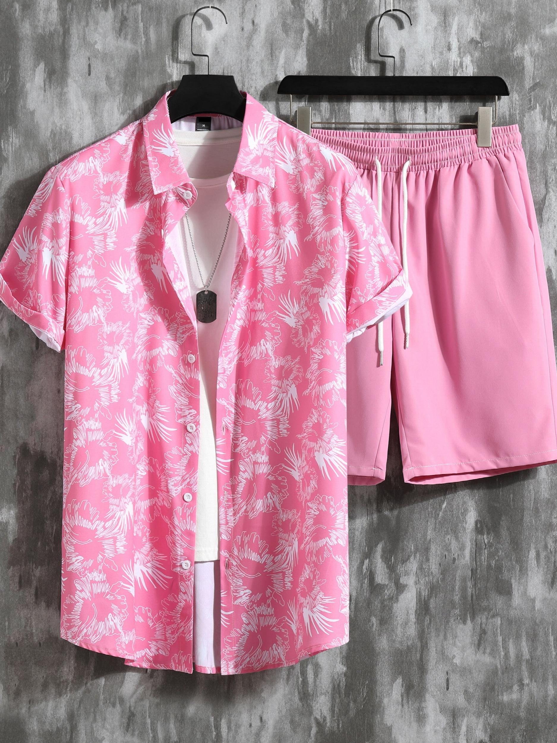 Tropical Floral Print Men's 2Pcs Outfit Camp Collar SS