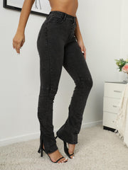 Grey Ruched Flared Jeans Bell Bottom Split Wide Legs Denim Pants
